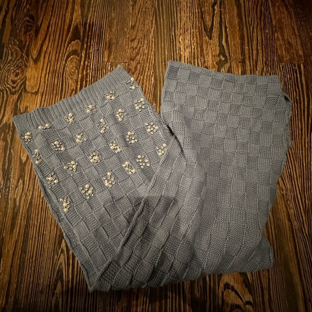 FREE PEOPLE RHINESTONE AND PEARL BLUE Knit Scarf with Embellishments